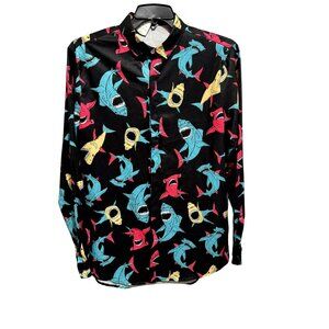 Men’s Colorful Shark Print Button Up Shirt Sz Large Long Sleeves Ocean Novelty